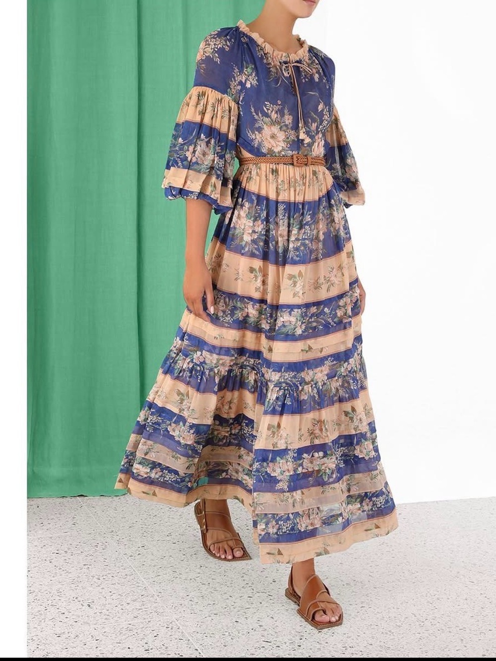 Zimmermann Blue & Tan Floral Tiered Maxi with Balloon Sleeves